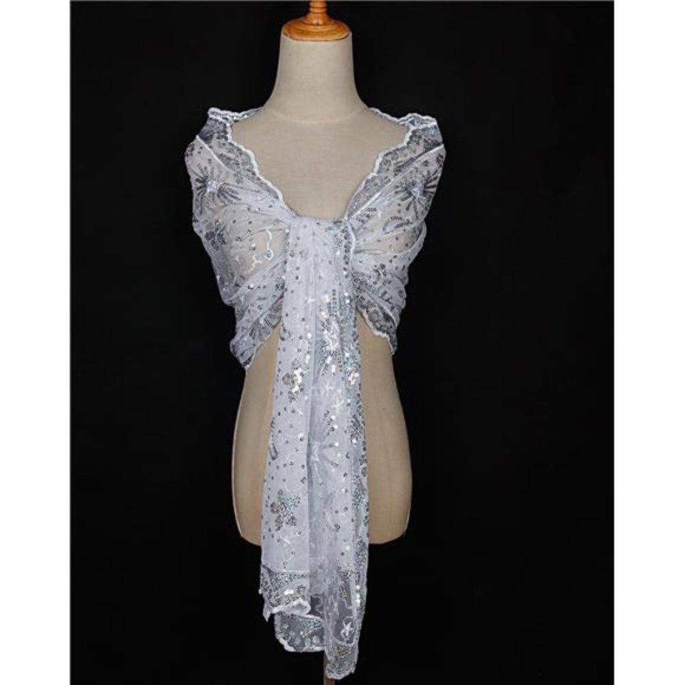 Boho Silver Star Lace Sheer Sequin‎ Embellished Wedding Bridal Shawl Wrap Scarf - Picture 4 of 5